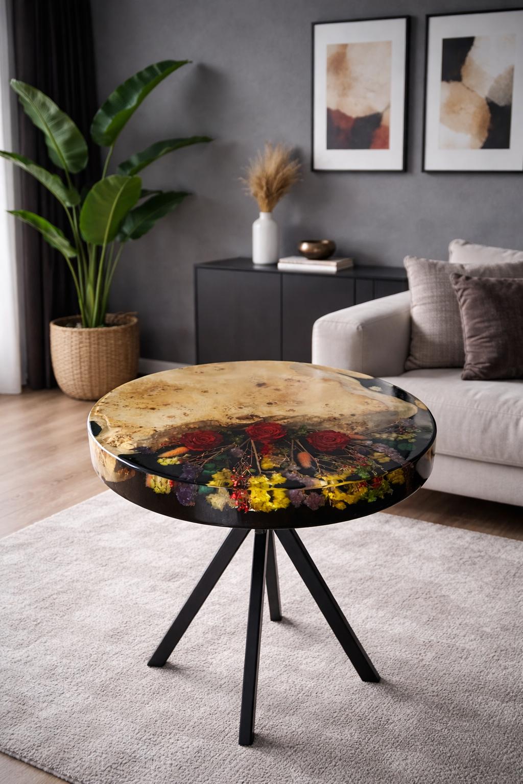 Masa de cafea Obsidian bloom din lemn masiv de plop burl , flori naturale conservate si rasina epoxidica